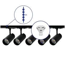 Bright Choice Komplett set 1-Fas Rail 3 Meter Svart | incl. 5x Spot + GU10 2700K 3W Dimbar + Ändkåpa, Strömkontakt och I-Anslutningsstycke