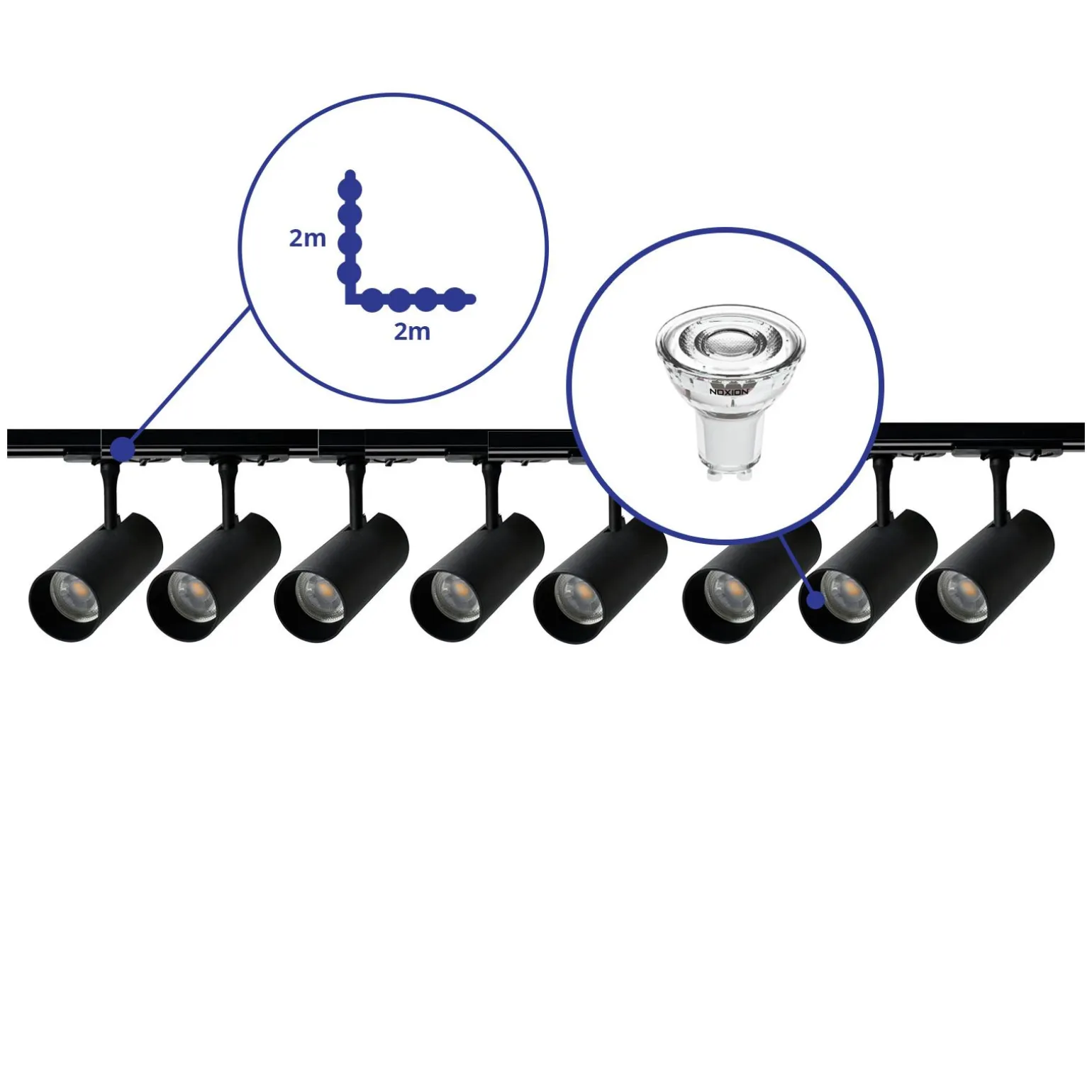 Bright Choice Komplett set 1-Fas Rail L 2 x 2 Meter Svart | incl. 8x Spot + GU10 2700K 3W Dimbar + Ändkåpa, Strömkontakt och L -Anslutningsstycke