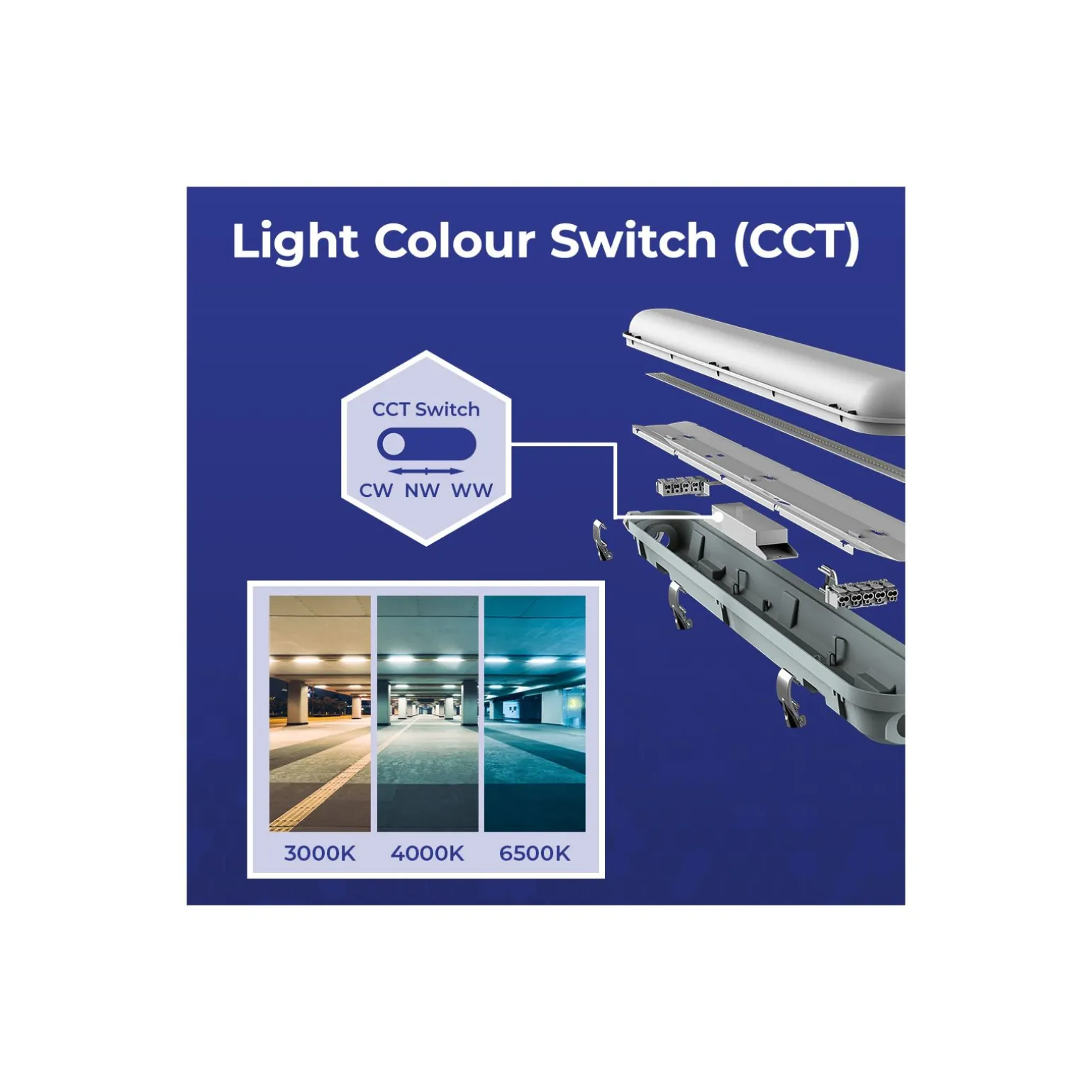 Noxion LED Allmänbruksarmatur Vattentät Poseidon V3.0 43W 5590/6020lm - 830-865 CCT | 150cm - Kabelgenomföring (5x2.5mm2) - Rörelse- Och Ljussensor