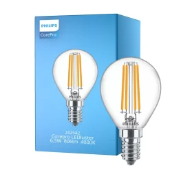 Philips Corepro LED Lustre E14 boll Filament Klar 6.5W 806lm - 840 Kallvit | Ersättare 60W