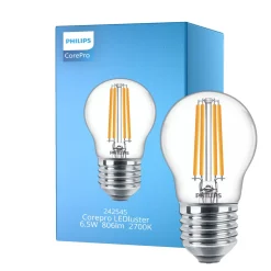 Philips Corepro LED Lustre E27 boll Filament Klar 6.5W 806lm - 827 Extra Varm Vit | Ersättare 60W