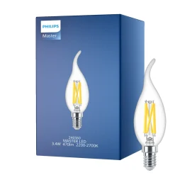 Philips MASTER LED E14 Böjd-tip Kronljus Filament Klar 3.4W 470lm - 922-927 Dim To Warm | Bästa Färgåtergivning - Dimbar - Ersättare 40W