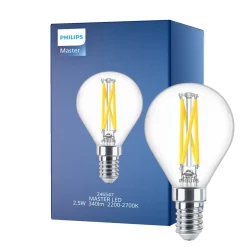 Philips MASTER LED E14 Boll Filament Klar 2.5W 340lm - 922-927 Dim To Warm | Bästa Färgåtergivning - Dimbar - Ersättare 25W