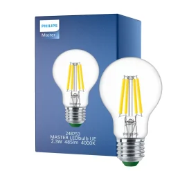 Philips MASTER LED Lampa Ultra Efficient E27 Päron Klar 2.3W 485lm - 840 Kallvit | Ersättare 40W