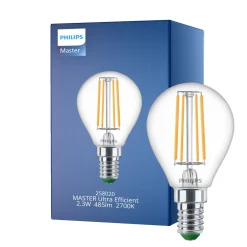 Philips Master Ultra Efficient LED E14 Päron Filament Klar 2.3W 485lm - 827 Extra Varm Vit | Ersättare 40W