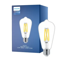 Philips MASTER Value LED Lampa E27 Edison Filament Klar 5.9W 806lm - 922-927 Dim to Warm | Bästa Färgåtergivning - Ersättare 60W