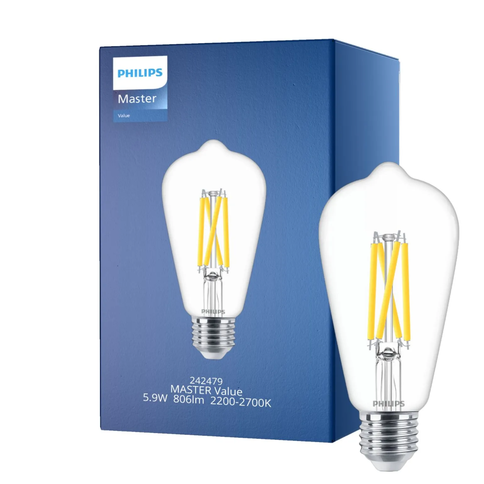 Philips MASTER Value LED Lampa E27 Edison Filament Klar 5.9W 806lm - 922-927 Dim to Warm | Bästa Färgåtergivning - Ersättare 60W